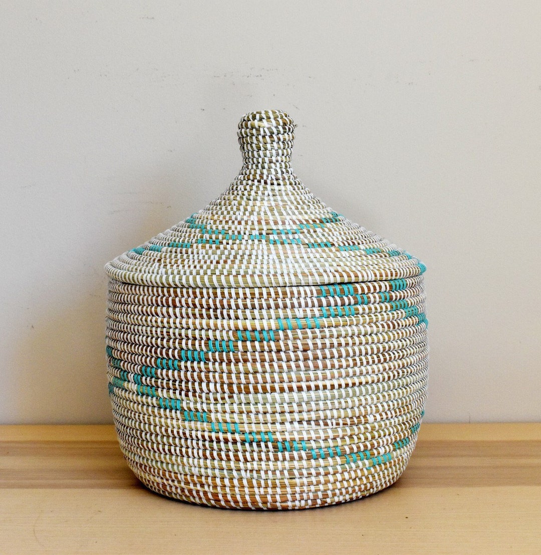 African Woven Decorative Storage Basket, Senegal Lidded Basket, Natural ...
