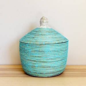 African Woven Decorative Storage Basket, Senegal Lidded Basket, Natural Palm Fiber, Toy Storage