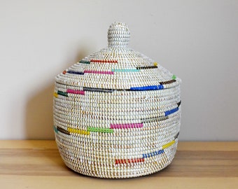 African Woven Decorative Storage Basket, Senegal Lidded Basket, Natural Palm Fiber, Toy Storage