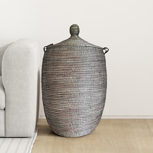 African Extra-Large Woven Basket with Lid, Senegal Laundry Basket/Hamper, Storage Basket, 31&quot; Tall/18&quot; Diameter