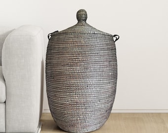 African Woven Basket, Senegal Laundry Basket/Hamper, Storage Basket, 25" Tall/14" Diameter