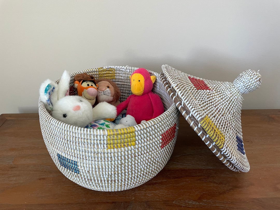 アフリカ編み装飾収納バスケット、セネガル産蓋付きバスケット、天然