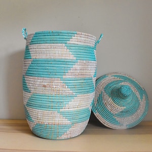 African Extra-Large Woven Basket with Lid, Senegal Laundry Basket/Hamper, storage basket, 30&quot; Tall/18&quot; Diameter