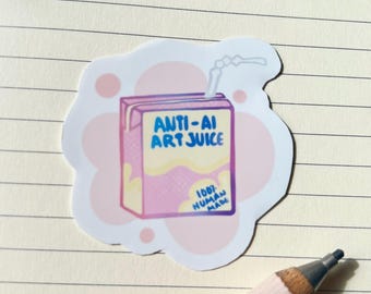Anti-Ai Juice Box Vinyl Sticker - 100% human made sticker, beverage sticker, cute kawaii sticker, glossy vinyl sticker, pastel aesthetic
