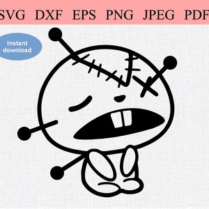 May include: Black and white line art illustration of a stitched-up cartoon character with a sad expression. The character has a large head, small body, and is missing an eye. The character has stitches across its face and is missing a tooth.