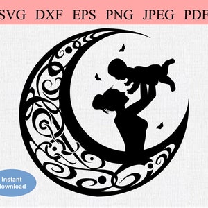 Maman et bébé / SVG DXF EPS / Maman & Bébé à l’intérieur d’un croissant de lune avec papillons / Mère et enfant / Maternité / Nouveau bébé / Amour maternel