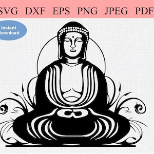 May include: Black and white silhouette of a meditating Buddha figure with floral details. The Buddha is sitting in a lotus position with hands in the lap.