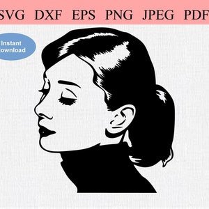 Audrey Hepburn / SVG DXF EPS / Portrait d’Audrey Hepburn Visage aux cheveux noirs / Jeune acteur hollywoodien / Actrice célèbre / Vieux films de cinéma