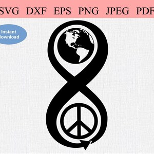 Peace for Eternity / SVG DXF EPS / Vertical Infinity Loop with Earth and a Peace Sign / Clipart Stencil for T-Shirt, Mugs, Totes and Cricut