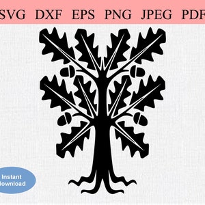 Chêne abstrait / SVG DXF EPS / Chêne feuillu avec beaucoup de branches et de glands / Glands en croissance / Pochoir vintage Folk Art Silhouette