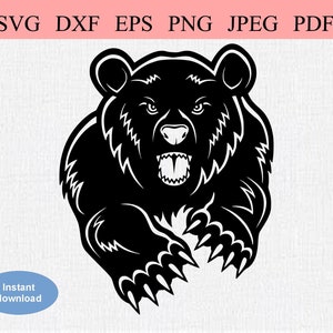 Biegnący niedźwiedź plemienny / SVG DXF EPS / Straszny atak niedźwiedzia grizzly / Łapy niedźwiedzia polarnego / Abstrakcyjny niedźwiedź brunatny pokazujący pazury / Zęby niedźwiedzia czarnego