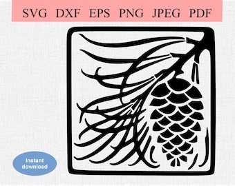Pine Tree Branch and Pinecone / SVG DXF EPS / Pine tree needles with a pinecone / Pine Frame / Vintage Folk Art Style Silhouette Stencil