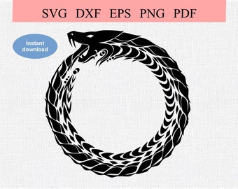May include: Black and white vector illustration of a snake biting its own tail, forming a circle. The snake is stylised with intricate details and a fierce expression.