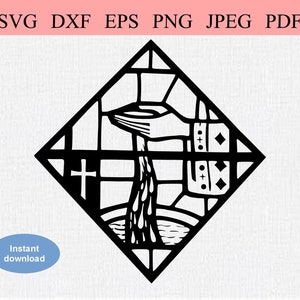 Battesimo cattolico / SVG DXF EPS / Battesimo cristiano / Vetrata della mano del prete e dell'acqua santa / Messa cattolica / Santo Sacramento
