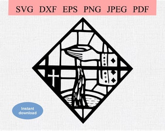 Catholic Baptism / SVG DXF EPS / Christian Christening / Stained Glass window of Priest's Hand & Holy Water / Catholic Mass / Holy Sacrament