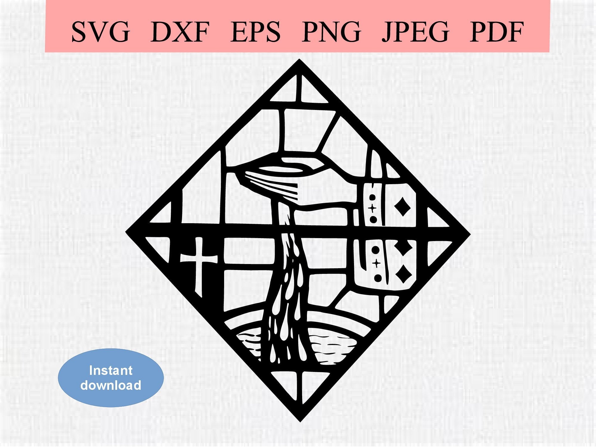 Catholic Baptism / SVG DXF EPS / Christian Christening / Stained Glass window of Priest's Hand & Holy Water / Catholic Mass / Holy Sacrament
