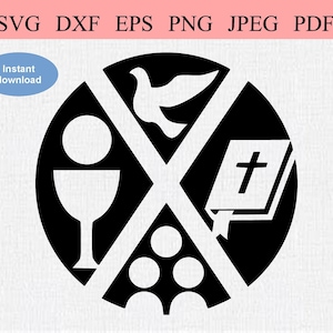 Misa católica / SVG DXF EPS / Símbolos cristianos que representan una Misa católica, incluida la Biblia, la Eucaristía y el Espíritu Santo