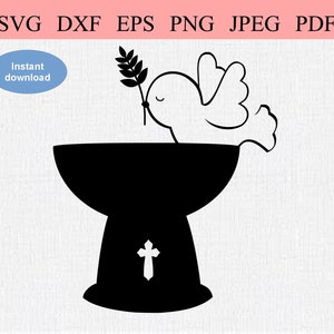 Battesimo cattolico / SVG DXF EPS / Battesimo cristiano / Spirito Santo seduto sul bagno del calice battesimale / Messa cattolica / Santo Sacramento