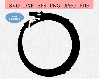 May include: Black and white silhouette of a dragon biting its own tail, forming a circle.