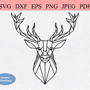 Geometrische hertenkop / SVG DXF EPS / mannelijke hertenkop met groot gewei / abstract hertontwerp / geometrische jachttrofee lijn art stencil