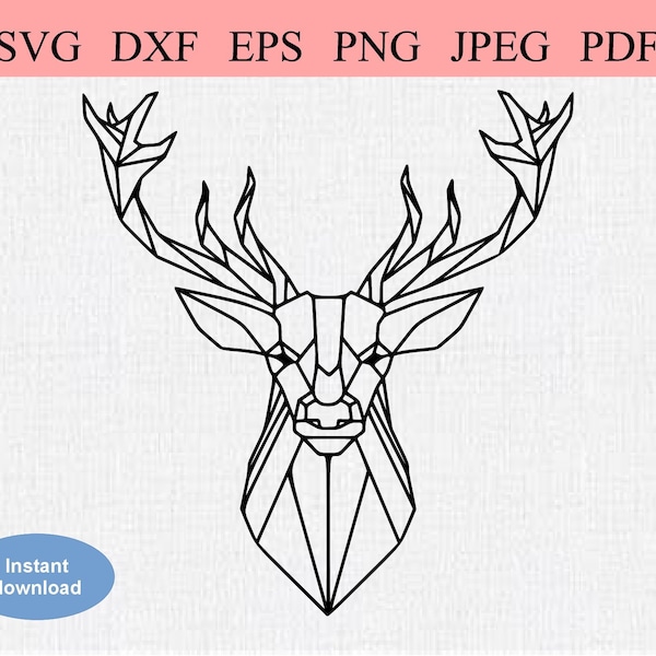 Geometric Deer Head / SVG DXF EPS / Male Deer Head with Big Antlers / Abstract Stag Design / Geometric Hunting Trophy Line Art Stencil