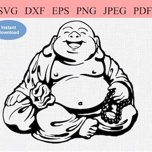 Lachende Boeddha / SVG DXF EPS / Glimlachende Boeddha / Gelukkige Boeddha zittend met gebedskralen / Zen Boeddhistische Meditatie / Spirituele Yoga Namaste
