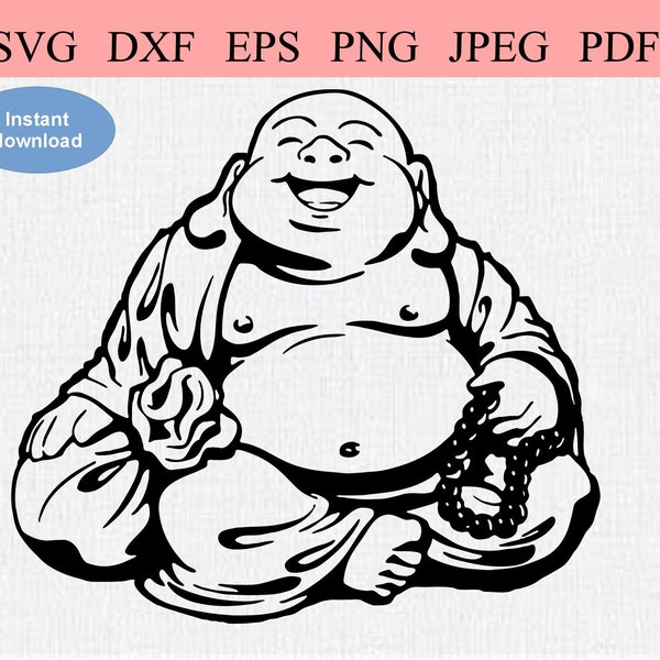 Laughing Buddha / SVG DXF EPS / Smiling Buddha / Happy Buddha sitting with prayer beads / Zen Buddhist Meditation / Spiritual Yoga Namaste