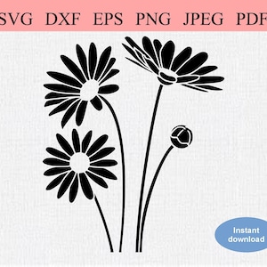 Plantilla de margaritas silvestres / SVG DXF EPS / Bonitas flores de margarita florecientes con capullo de flores / Arreglo de margarita floral cortada / Daisy Silhouette Cricut