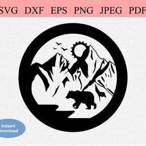 Mountain Bear Patch / SVG DXF EPS / Vista de um urso pardo nas montanhas / Urso preto abstrato em cena natural / Urso pardo na natureza
