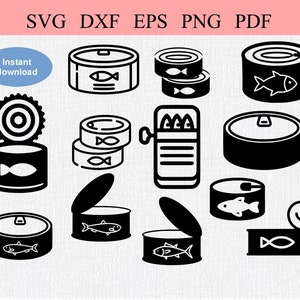 Puede incluir: Un conjunto de diez ilustraciones vectoriales en blanco y negro de varios estilos de latas de pescado. Las ilustraciones incluyen una sola lata, una pila de latas, una lata con la tapa abierta y una lata con un pez dentro. Las ilustraciones son perfectas para usar en una variedad de proyectos, como diseño de sitios web, gráficos de redes sociales y materiales impresos.