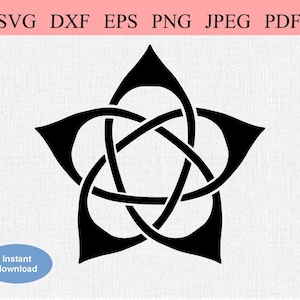 May include: Black and white illustration of a five-pointed star with a Celtic knot design.