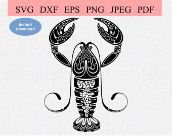 Langosta tribal ornamentada / SVG DXF EPS / Langosta ornamental con pinzas y cola / Crustáceo abstracto de vida marina oceánica / Mariscos geométricos