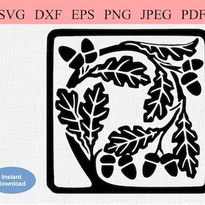 Chêne abstrait / SVG DXF EPS / Branche de chêne feuillue recourbée pour révéler des glands / Cadre de gland / Vintage Folk Art Style Silhouette Pochoir