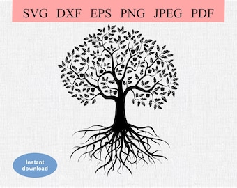 Abstract Oak Tree / SVG DXF EPS / Big leafy oak tree with lots of branches and acorns / Growing Acorns / Tree with a Root System Silhouette