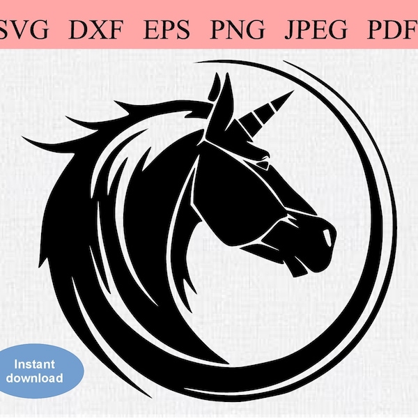 Tête de licorne tribale / SVG DXF EPS / Tête de pochoir d’un cheval mythique / Licorne sauvage dans un cercle / Cheval mythologique masculin