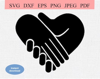 Sosteniendo las manos / SVG DXF EPS / Dos manos abstractas sosteniendo un apretón de manos dentro de una forma de corazón / Geometric United We Stand Symbol for Peace