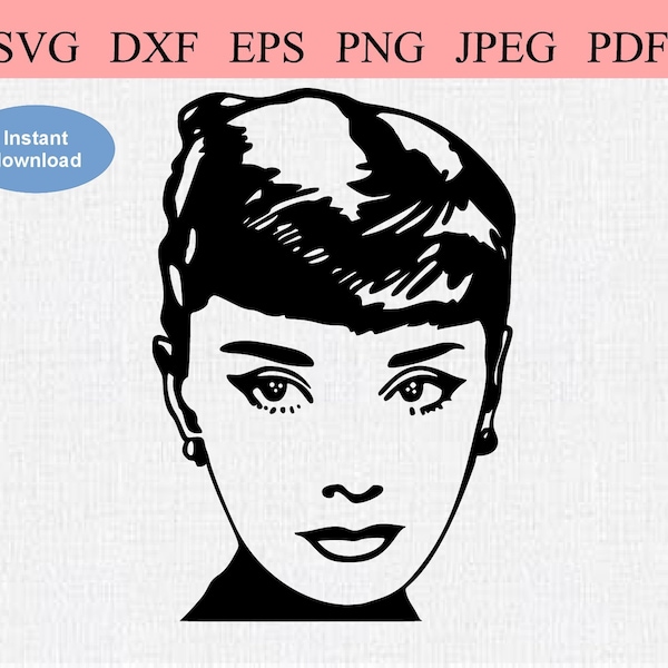 Audrey Hepburn / SVG DXF EPS / Portrait of Audrey Hepburn Face with Black Hair / Young Hollywood Actor / Famous Actress / Old Cinema Movies