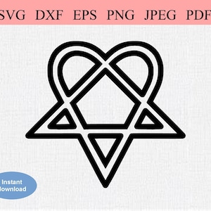 May include: Black and white line art illustration of a heart with a five-pointed star inside. The heart is formed by two overlapping circles.