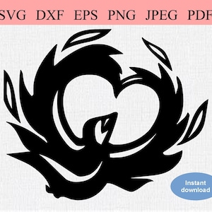 Phoenix Fire Bird Heart / SVG DXF EPS / Abstrakte Tribal Feuer Taube, die seine Flügel schwingt / Fliegender Phönix / Heiliger Geist / Herz und Flamme Motiv