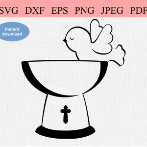 Battesimo cattolico / SVG DXF EPS / Battesimo cristiano / Spirito Santo seduto sul bagno del calice battesimale / Messa cattolica / Santissimo Sacramento