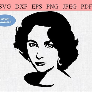 Elizabeth Taylor Head / SVG DXF EPS / Portrait d’Elizabeth Taylor Visage aux cheveux noirs / Jeune acteur hollywoodien / Actrice célèbre Vieux films