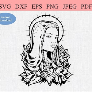 Jong Maria gezicht / SVG DXF EPS / Katholieke Madonna Hoofd met Halo / Christelijke Symboliek / Moeder van God met Rozen en een Vlammend Hart
