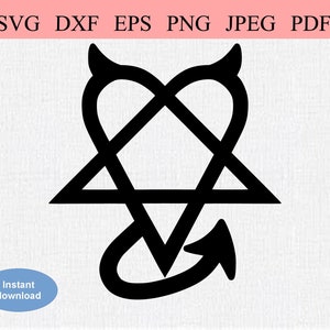 Puede incluir: Diseño gráfico en blanco y negro de un corazón con cuernos de diablo y una estrella con cola. El corazón está entrelazado con la estrella.