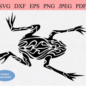 Puede incluir: Ilustración de una rana negra con intrincados patrones de estilo tribal. La imagen incluye el texto "SVG DXF EPS PNG JPEG PDF" en la parte superior y "Descarga instantánea" en un óvalo azul en la parte inferior. La rana se representa en una pose dinámica.