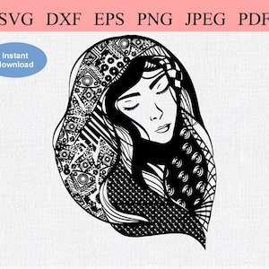 Mädchen mit Kopftuch / SVG DXF EPS / Geometrischer Blumenschal auf einer hübschen Frau / Konservativ-Orthodoxe religiöse junge Frau, die Haar bedeckt