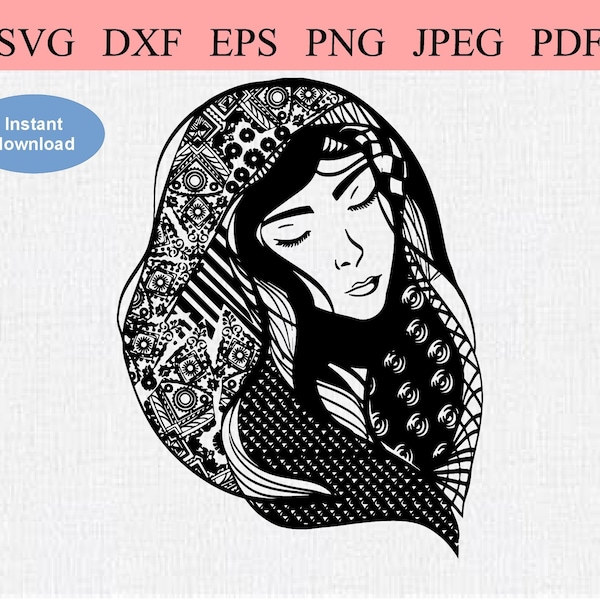 Girl with Head Scarf / SVG DXF EPS / Geometric Floral Scarf on a Pretty Woman / Conservative Orthodox Religious Young Woman Covering Hair