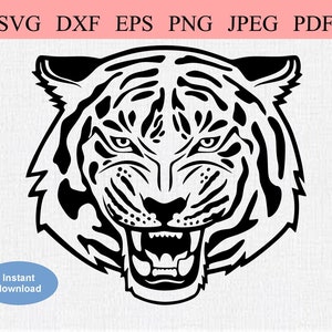 Visage de tigre / SVG DXF EPS / Tête de tigre en colère avec dents pointues / Contour du visage de tigre / Tigre grognant / Rayures de tigre / Big Cat Killer Animal