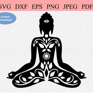 May include: Black and white silhouette of a meditating figure with a third eye, surrounded by floral patterns.