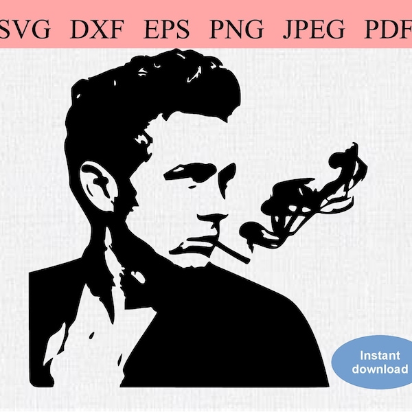 James Dean Smoking, 1950s / SVG DXF EPS / Face of James Dean, American Hollywood Actor in 1950s / Smoking a Cigarette / Stencil Silhouette