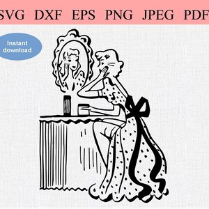 Retro Lady in Polka Dot Dress, Vintage Art, 1940s / SVG DXF EPS / Beautiful Woman pampering herself with creams and perfumes in the mirror